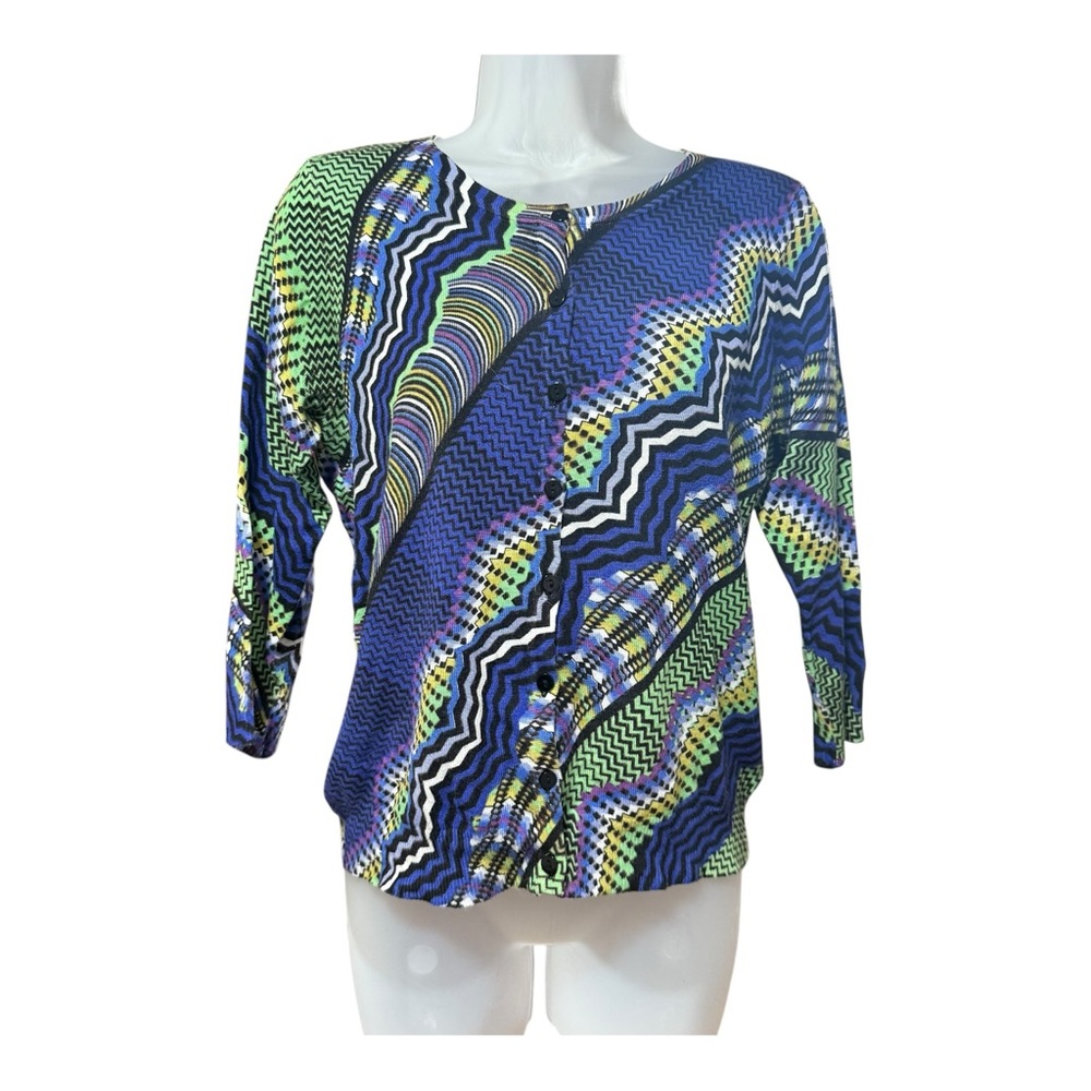 Miyabe Blue Green Geometric Chevron Cardigan Women Size L Excellent Button Front